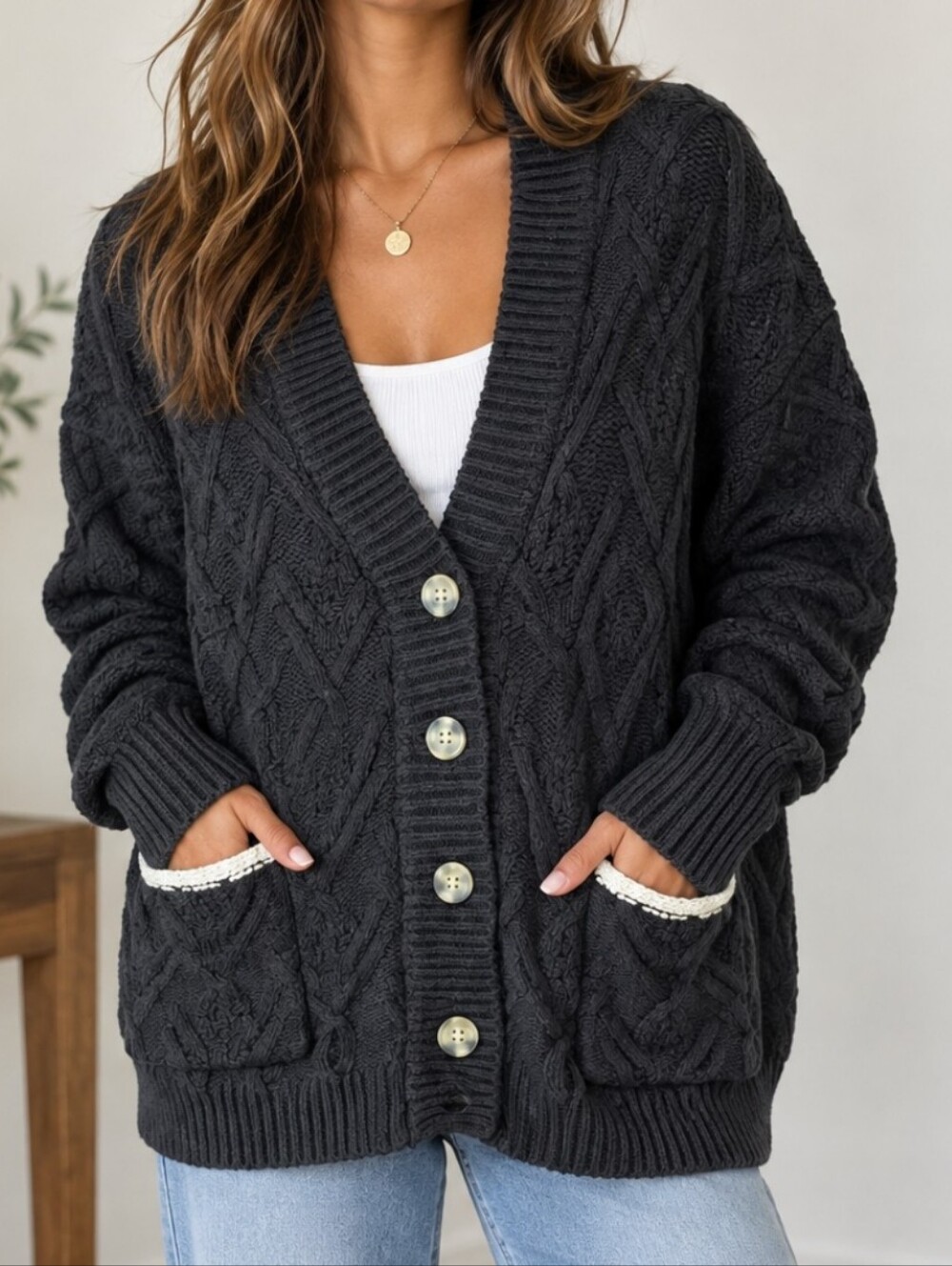 Free People Black Cable Knit Oversized Button Cardigan Sweater